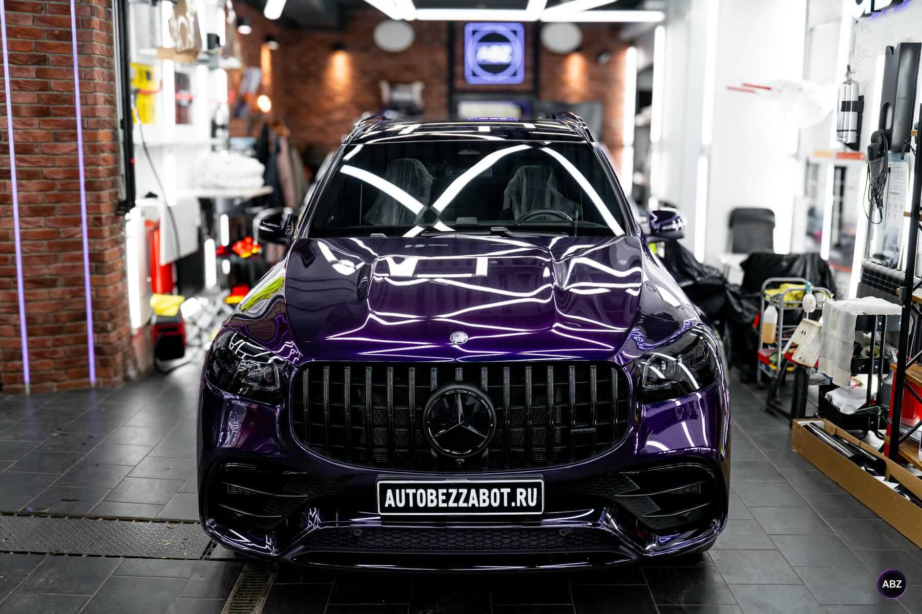 Оклейка авто цветной полиуретановой пленкой: Mercedes-Benz GLS в Super Purple 8 Фото Оклейка авто цветной полиуретановой пленкой: Mercedes-Benz GLS в Super Purple
