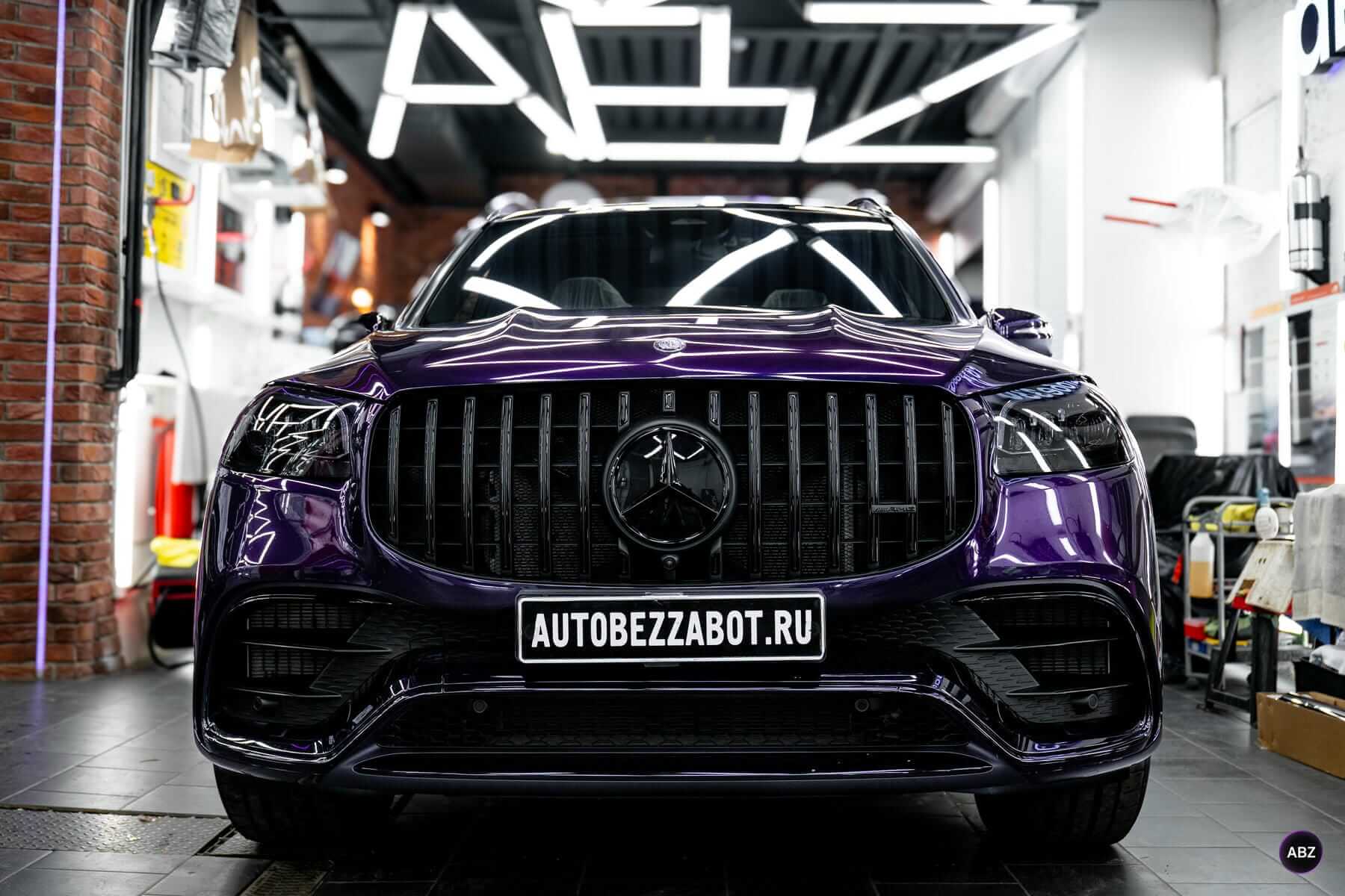 Оклейка авто цветной полиуретановой пленкой: Mercedes-Benz GLS в Super Purple 12 Фото Оклейка авто цветной полиуретановой пленкой: Mercedes-Benz GLS в Super Purple