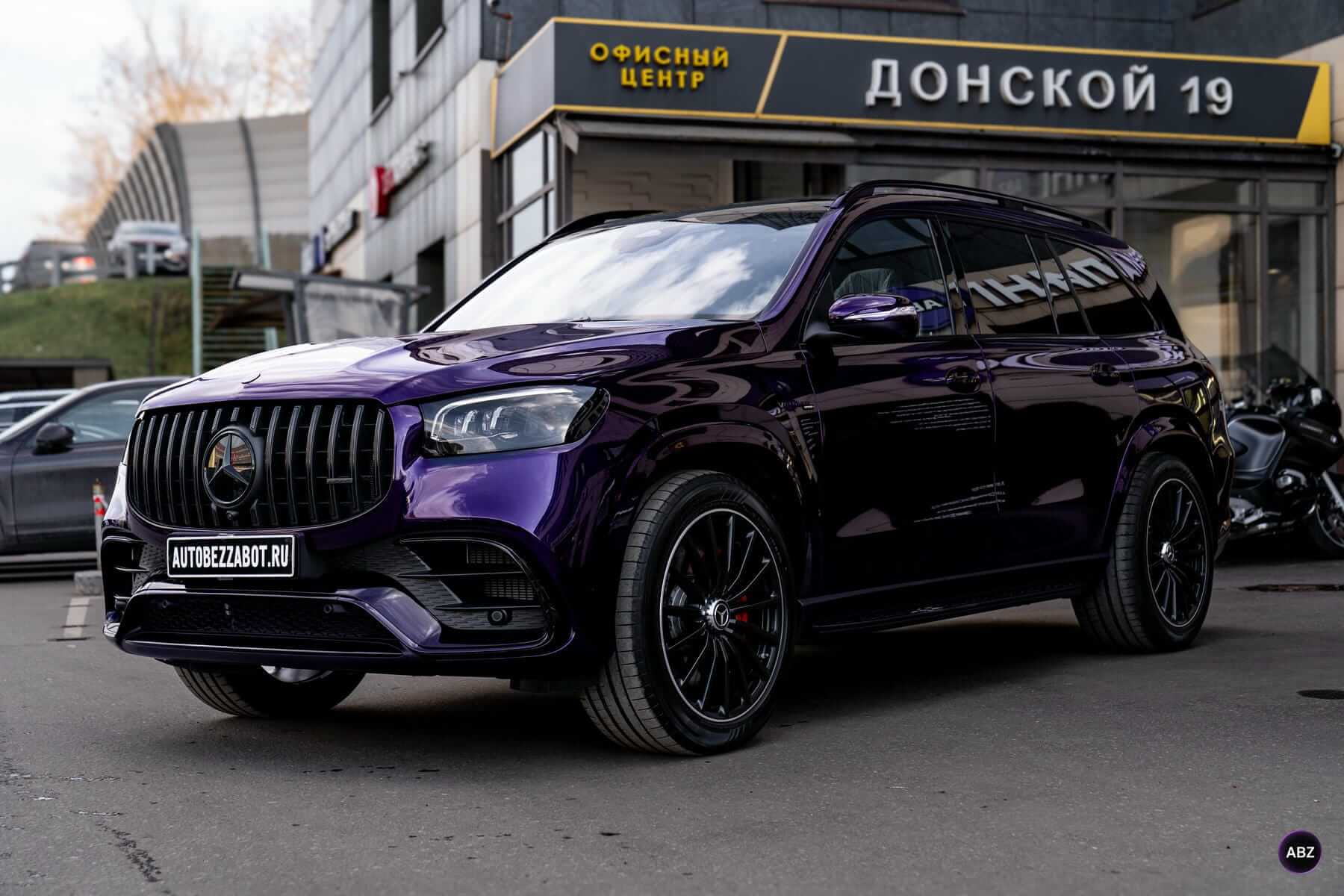 Оклейка авто цветной полиуретановой пленкой: Mercedes-Benz GLS в Super Purple 18 Фото Оклейка авто цветной полиуретановой пленкой: Mercedes-Benz GLS в Super Purple