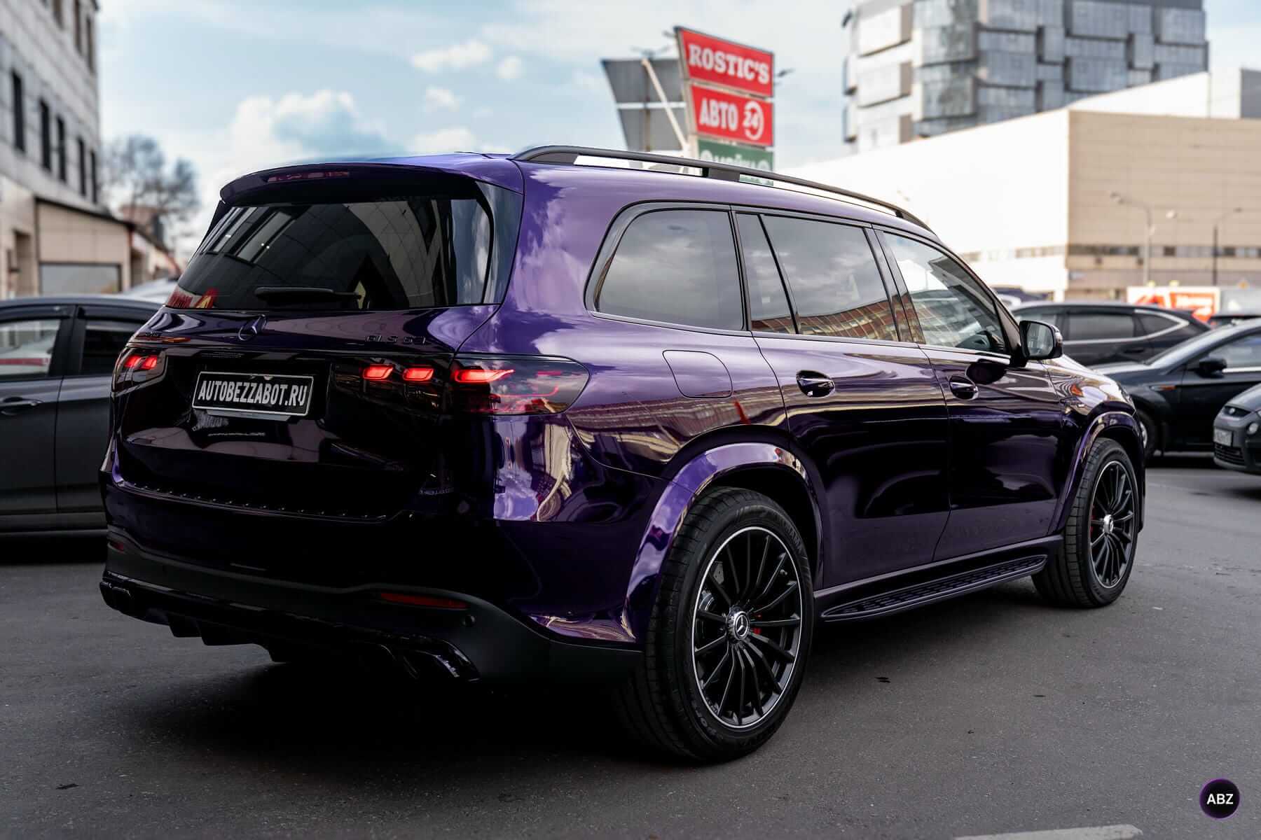 Оклейка авто цветной полиуретановой пленкой: Mercedes-Benz GLS в Super Purple 14 Фото Оклейка авто цветной полиуретановой пленкой: Mercedes-Benz GLS в Super Purple